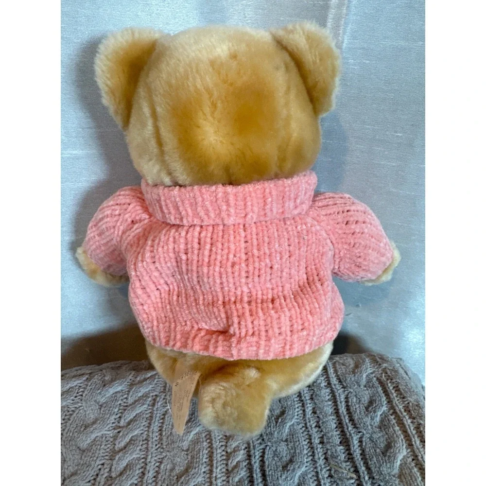 Teddy Bear Plush Toy Pink Chenille Sweater Embroidered Flowers‎